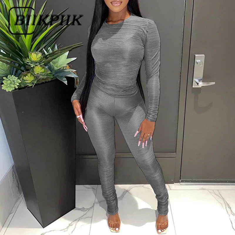 

BIIKPIIK осенний однотонный комплект из двух предметов женские брюки-карандаш костюмы облегающий Повседневный пуловер Топы и эластичные легги...