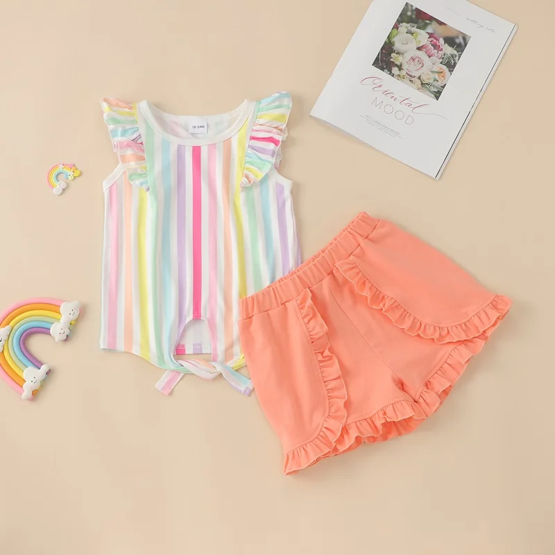 

Baby Clothes Toddler Girl Clothes 2 Pcs Sets Colorful Rainbow Striped Flying Sleeve T-shirts Tops+solid Short Pants 0-6Y
