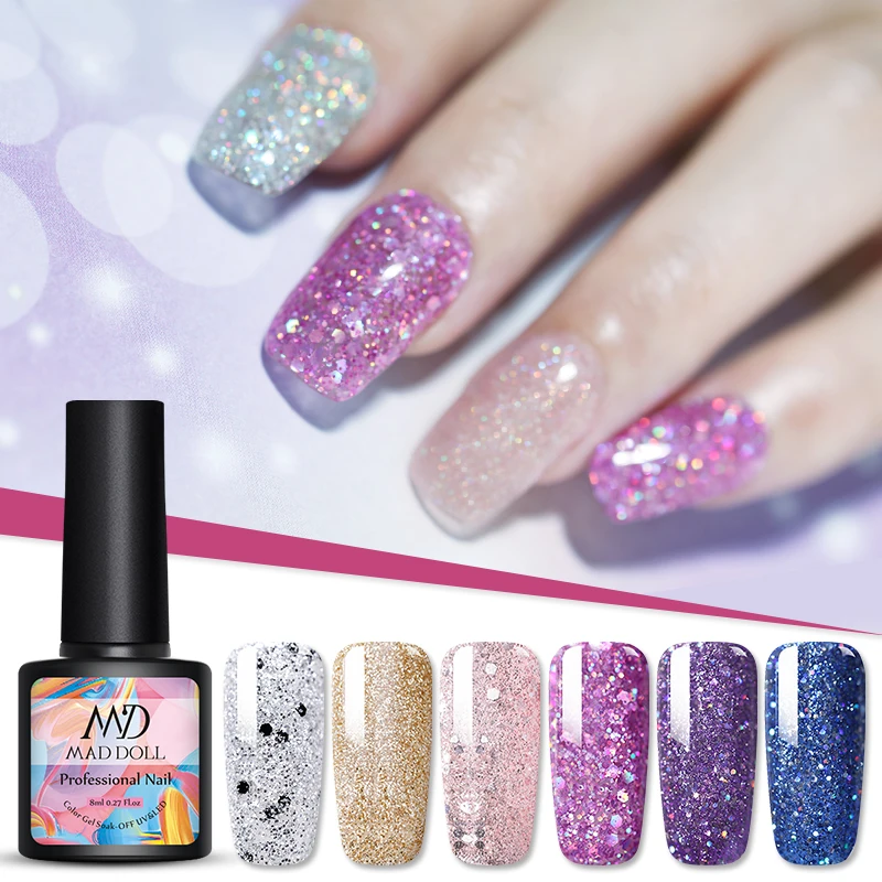 MAD DOLL 8 мл Блестящий Гель лак для ногтей блестки Хамелеон Ультрафиолетовый гель