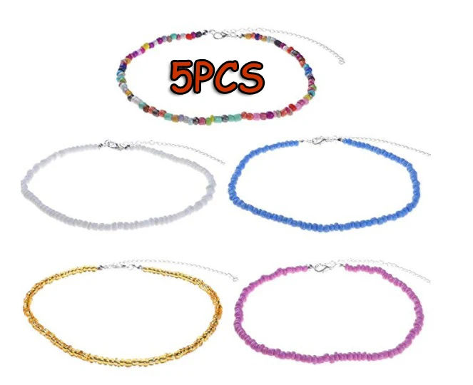 5PCS Visco, колье из бисера, крошечное колье из бисера, бохо, цветное колье, ожерелье на цепочке, ювелирное изделие для женщин и девушек, регулируемое - Окраска металла: 5PCS