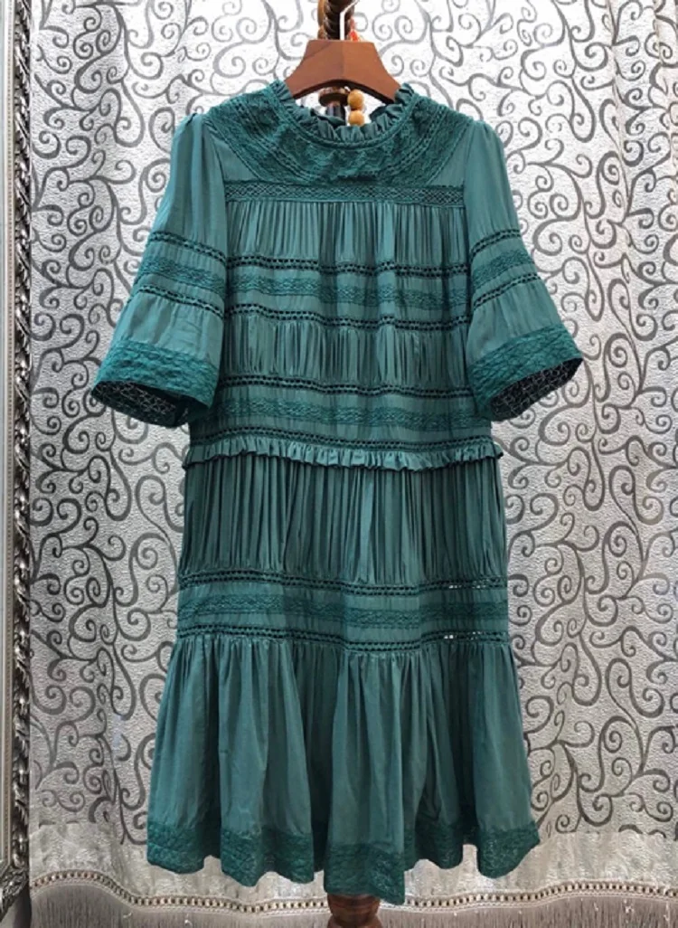 

Cotton Top Quality Dress 2021 Summer Style Women Ruffled Collar Color Block Lace Embroidery Patchwork Half Sleeve Loose Dress