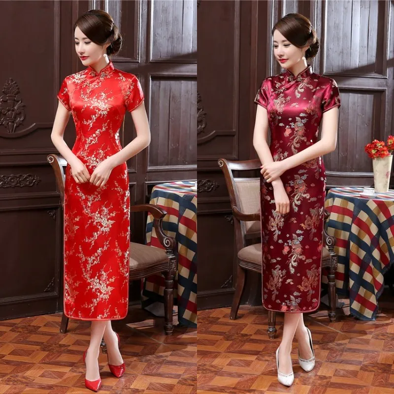 Китайский костюм Cheongsam изображениями драконов и феникса Костюм с длинными