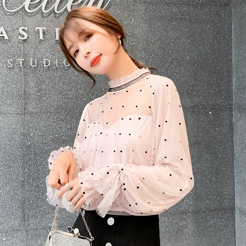 COIGARSAM Casual Patchwork blouse women New Spring Polka Dot Chiffon Loose Mesh blusas womens tops and blouses Pink 8777 | Женская