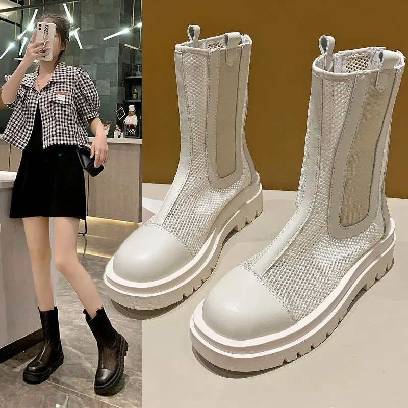 

Chelsea Boots Female Mesh Platform Boots for Women Fashion Summer Women's Shoes 2021 Designer Shoes Woman Wedges Heels Rubber 35