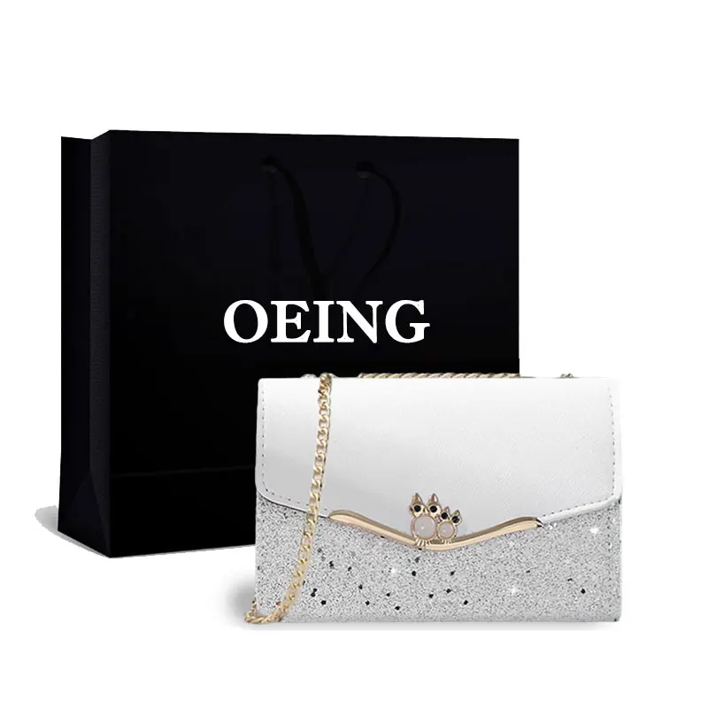 

Роскошная дизайнерская дамская сумочка на плечо, кожаная блестящая вечерняя сумочка-клатч с цепочкой, с пайетками, со стразами, белая Сумоч...