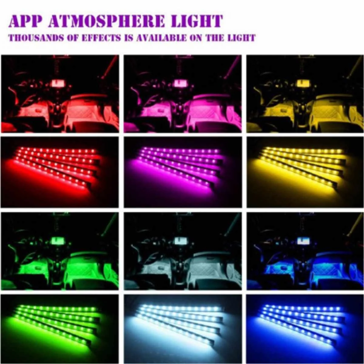 

4 Pcs/set 9 Led Lights Single Color Atmosphere Strip Light Auto Decorative Lamp Cigarette Lighter Interface Voice Control