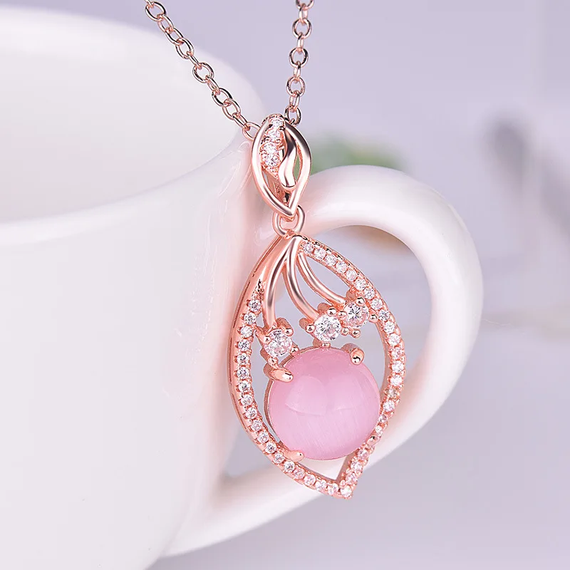 

Pink Jade Pendant Zircon Necklace 925 Silver Gifts Chalcedony Natural Fashion Amulet Gemstone Women Crystal Jewelry