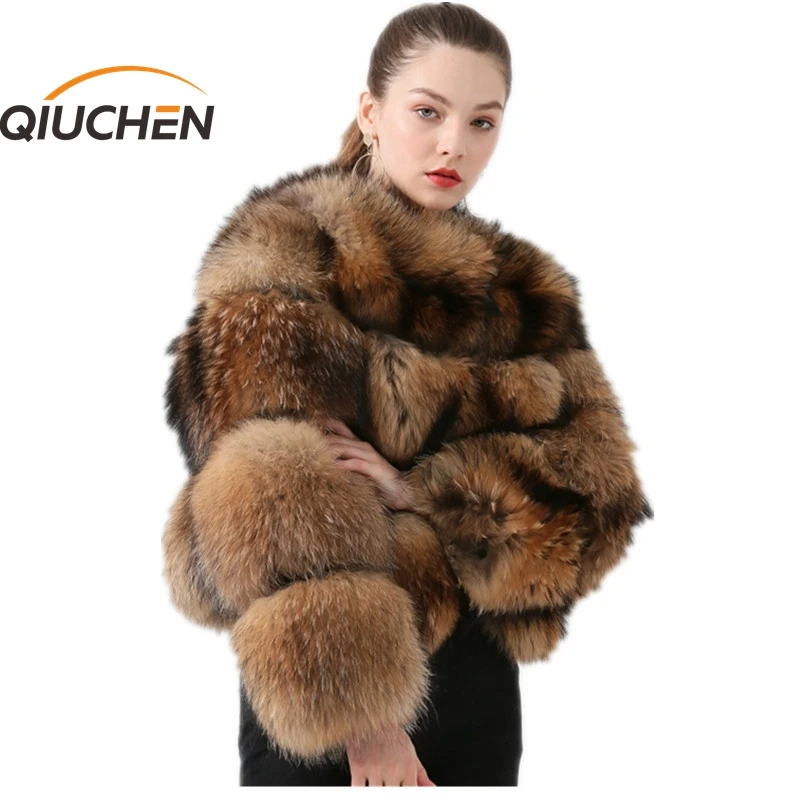 QIUCHEN PJ1884 Новое Поступление Женское зимнее пальто из натурального меха енота
