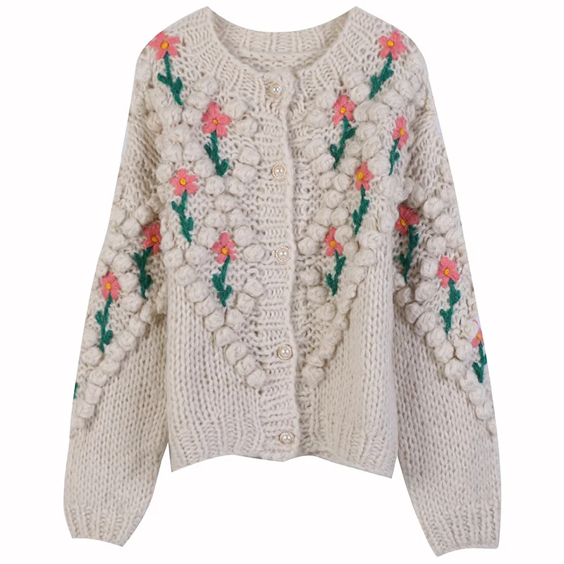 Makuluya Dot Flower Floral Embroidered Twist Knitted Thicker Loose Sweaters Cardigan Women Female Vintage Casual Prairie Chic L