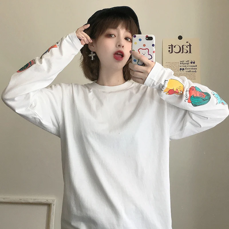 

Long-sleeved T-shirt Women Spring and Autumn Korean-style Loose-Fit Round Neckline T-shirt Fashion Casual Printed T-shirt