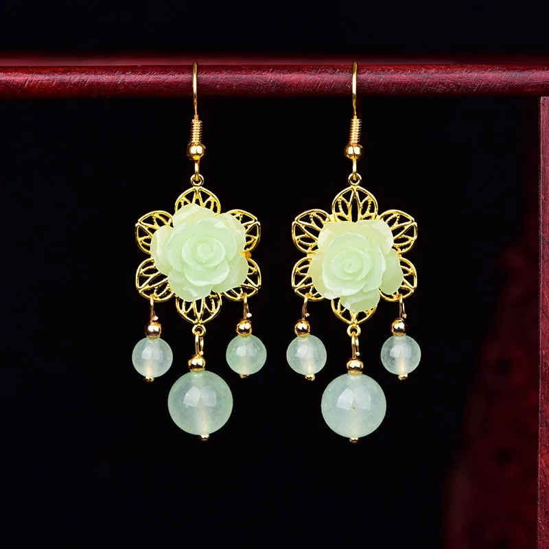 Серьги-подвески с нефритовыми цветами Амулет из халцедона и агата модный