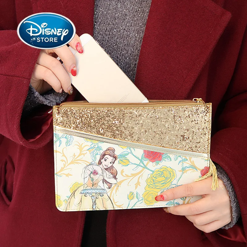 Disney Princess Belle Fashion Cosmetic Bag Cartoon Beauty And The Beast Women Makeup Bag Clutch Packages PU Leather Phone Bags