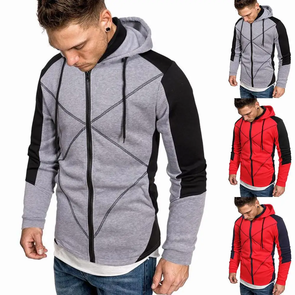 

Mens Hoodies Jacket Sweater Casual Zip Up Hooded Sweatshirt Coat Patchwork Outwear Tops Plus Size
