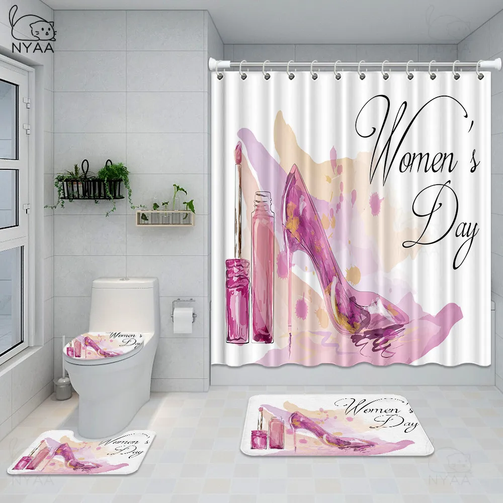 Beste Zwart Douchegordijn Roze Hoge Hakken Badkamer Gordijnen Met Haken Antislip Tapijten Wc Deksel Cover Mat Tapijt Set Home Decor