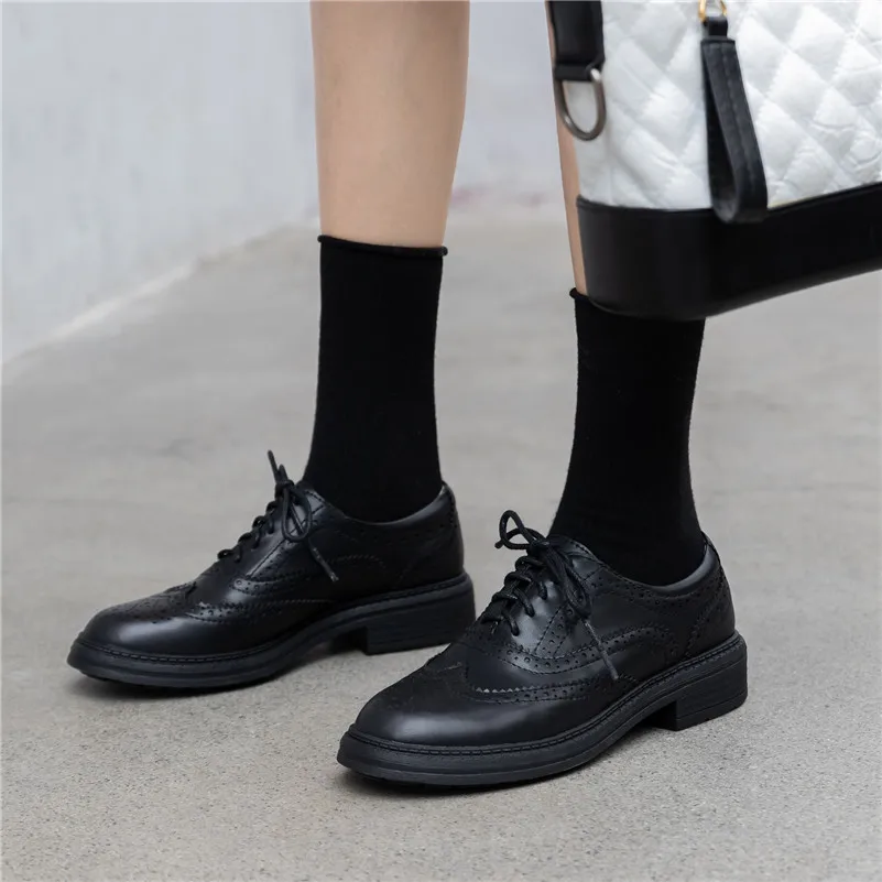 

Meotina High Heels Women Shoes Natural Genuine Leather Chunky Heel Brogue Shoes Mixed Colors Round Toe Pumps Ladies Fall Size 39