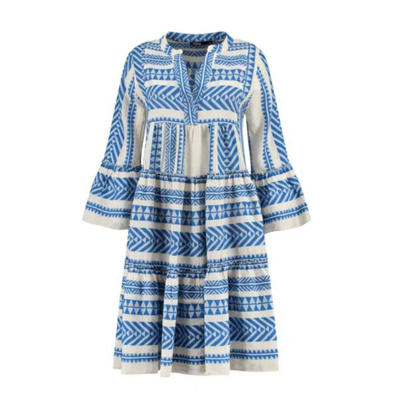 

New Loose V-neck Printed Dress Women Travel Holiday Geometric Striped Casual Beach Skirt Beach Dress