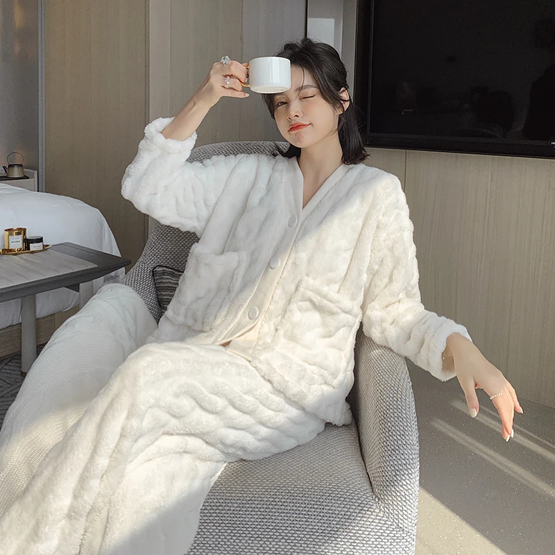 

Kwyaster Women Pajamas Set Coral Fleece With Pocket Thick Nightgown Warm Nightwear Sleepwear Home Clothes Sexy Homewear Lingerie