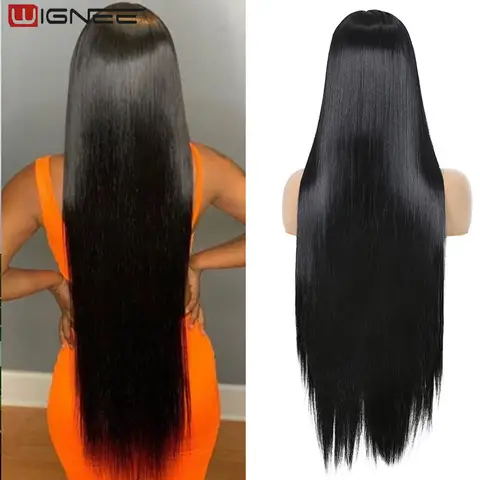 Длинный прямой парик Wignee, 30 дюймов, черный парик, парики средней длины на сетке с высокой подсветкой, парики из синтетических волос для чернокожих женщин, для косплея