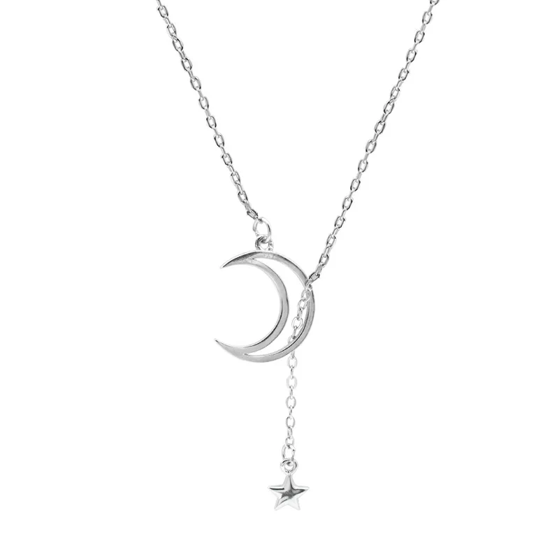 

S925 Sterling Silver Star Moon Necklace South Korea chic personality female simple star moon clavicle chain fashion jewelry