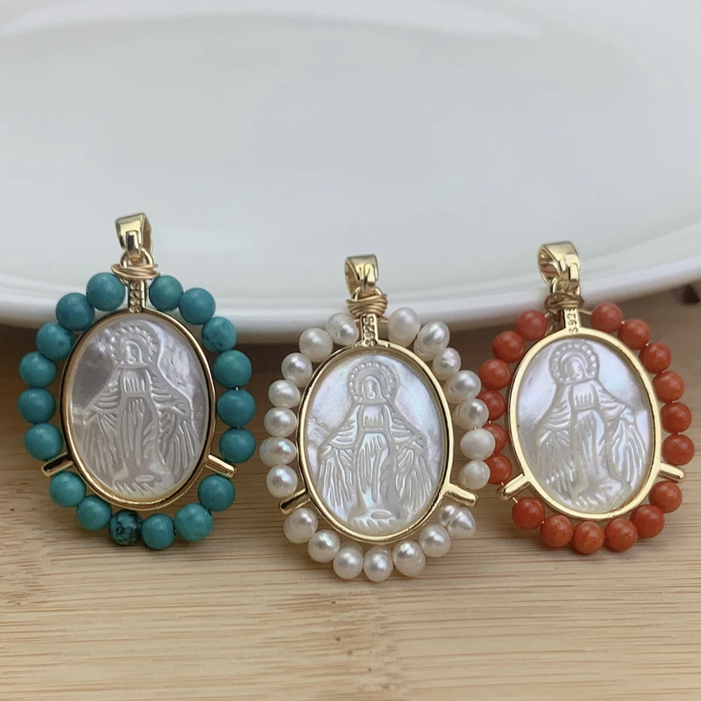 

MOP Shell Oval Virgin Mary Pendants Charms For Jewelry Making Religious Necklace Metal Freshwater Pearl Agate Turquoise Beads