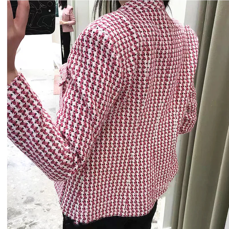 

2020 autumn Top women casual coat French pink check V-neck buttoned short office jacket