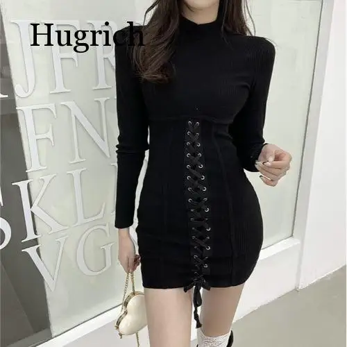 

Street Wear Sexy Elegant Dress Women Dark Black Mall Goth High Waist Bandage Slim Clubwear Baroque Femme