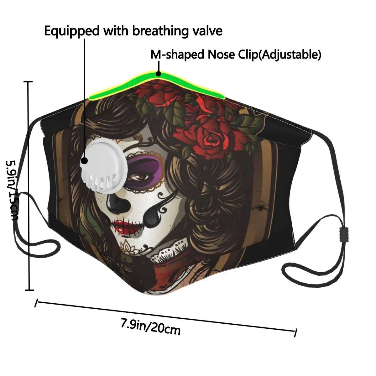 

Washable Reusable Mask Sugar Skull Girl Anti Pollution Mouth Respirator Dust Masks Mouth Muffle with Filter