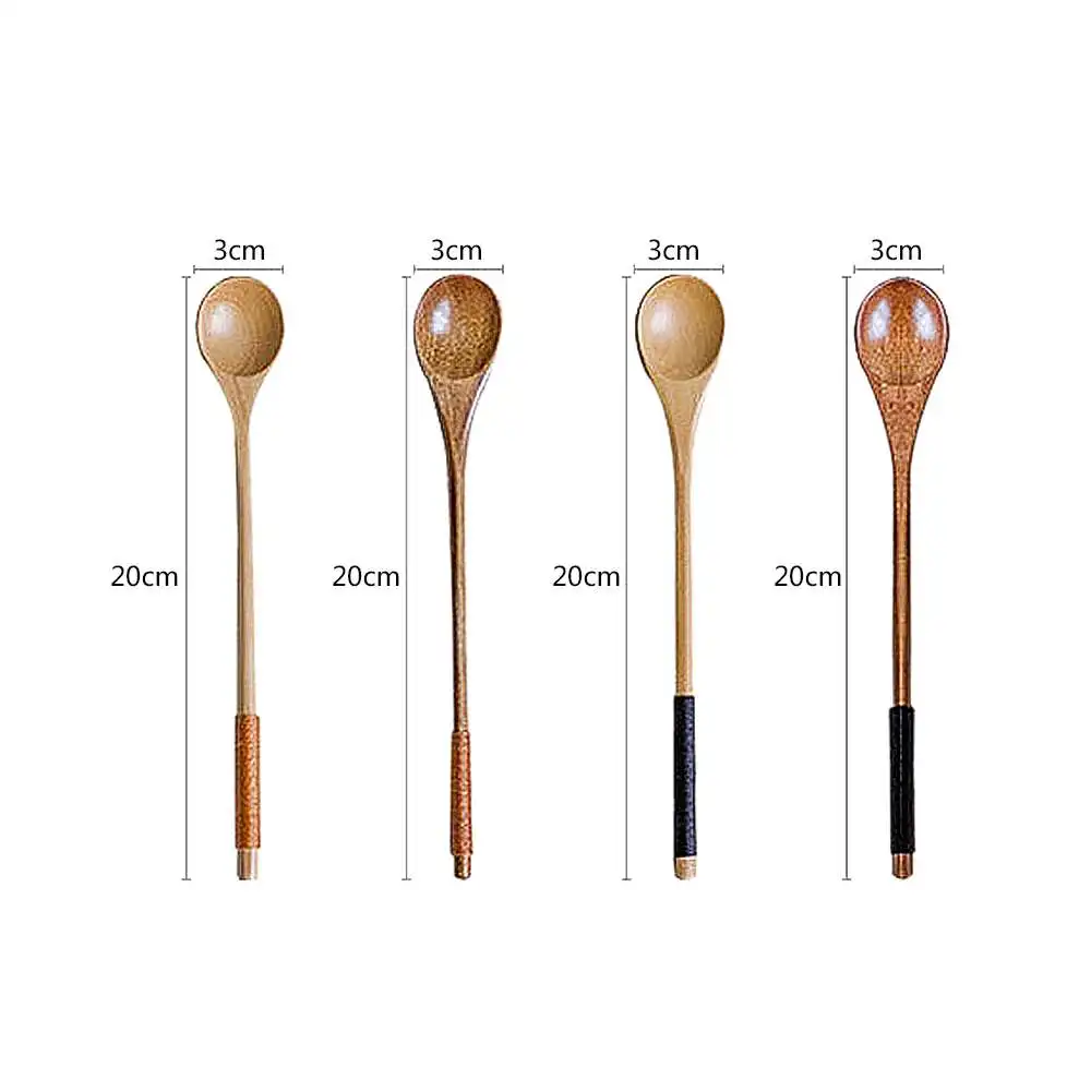 

5PCS Japanese Style Wooden Coffee Spoon Honey Stirring Long Handle Round Spoon Wooden Spoon With Wire Teaspoon Tableware