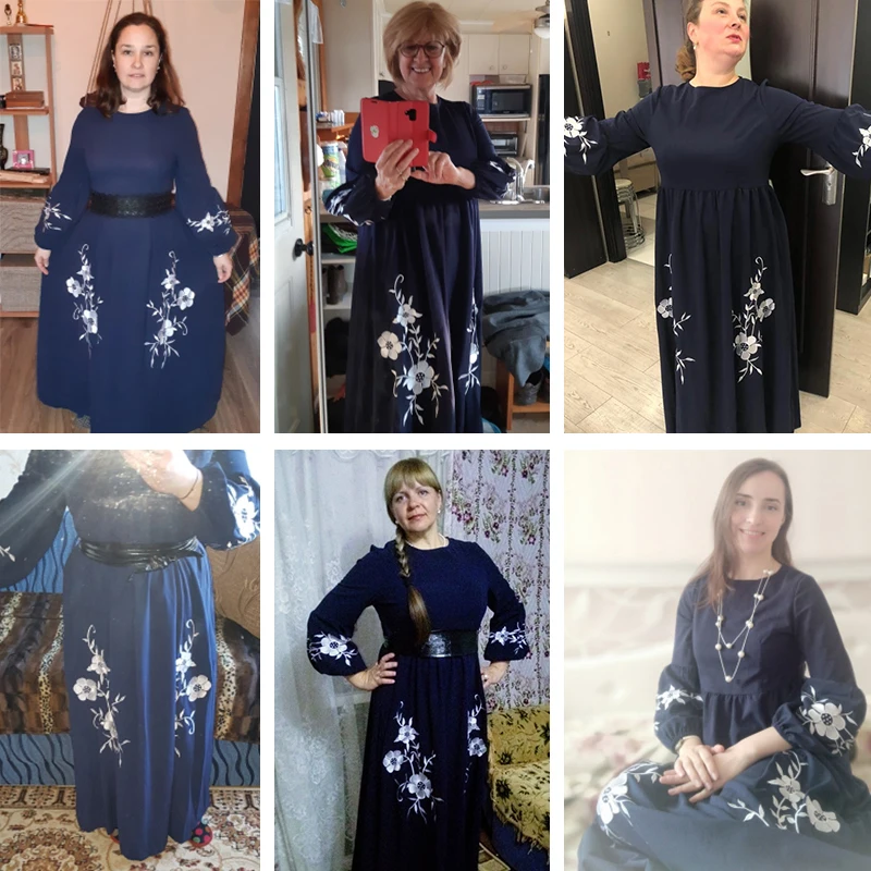Siskakia элегантное женское длинное платье с цветочной вышивкой, темно-синее мусульманское платье трапециевидной формы с высокой талией, платье с рукавом Бишоп, Осень-зима