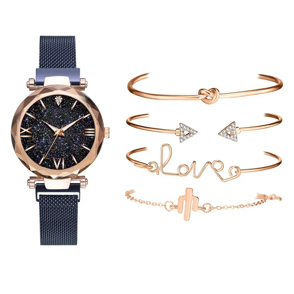 

Luxury Brand Rose Gold Starry Sky Dial Watches Women Ladies Crystal Bracelet Quartz Wrist Watch 5 PCS Set Relogio Feminino