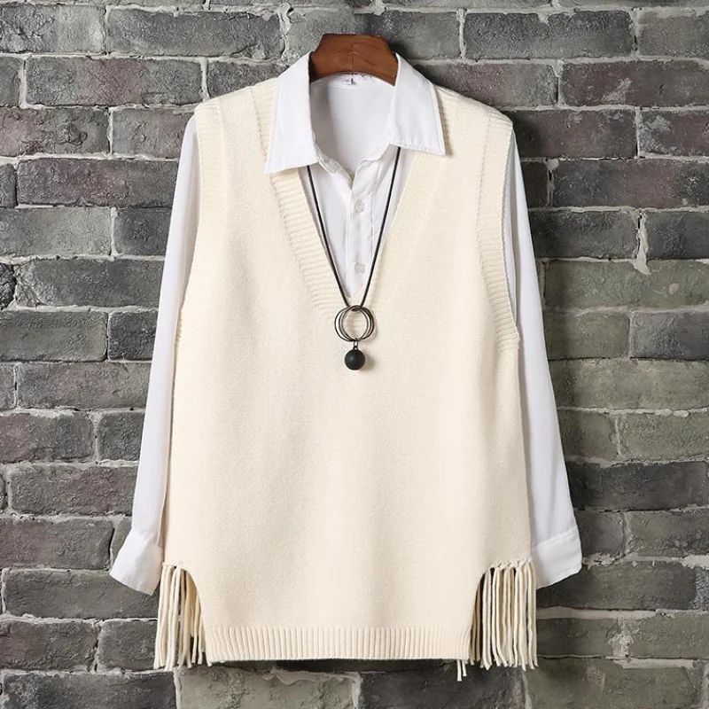 Женский свитер жилет без рукавов вязаный пальто корейский Однотонный пуловер с