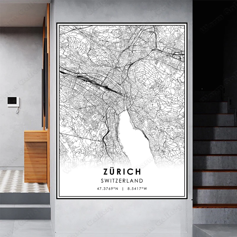 Карта города Швейцарии карта Лондона Ранняя Картина на холсте черно-белая