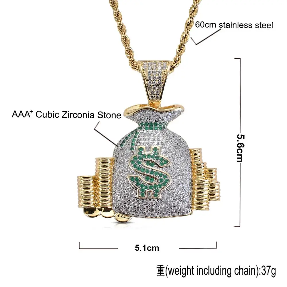 Iced Out Bling хип-хоп знак доллара сумка Шарм кулон Micro Pave лаборатория наличные МОНЕТЫ