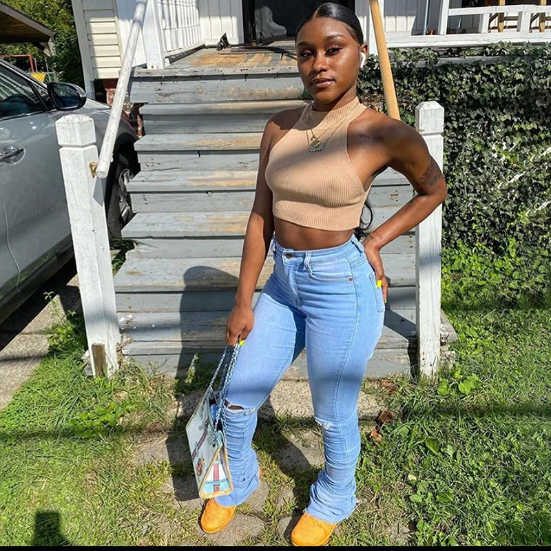 

2021 Spring Women Fashion High Waist Skinny Ripped Casual Stacked Jeans