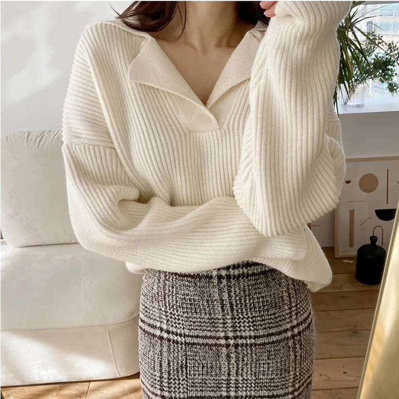 

New Korean Fashion Knitted Sweater Pullover Elegant Women Autumn Winter Loose Turn-down Collar Knitted Jumper Tops White Black
