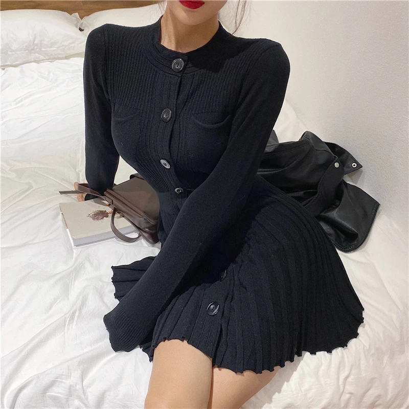 Весеннее вязаное плиссированное платье-свитер женское элегантное платье с