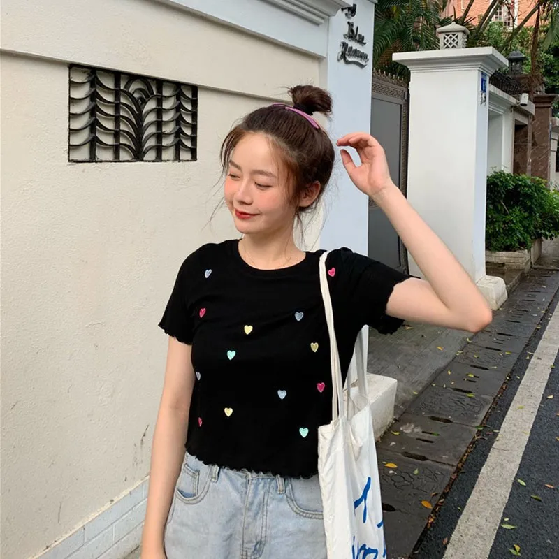 

Women Sweet Elegant Love Embroidery Slim Short Sleeved Round Collar Slim Bottom Fashion Knit Sweater