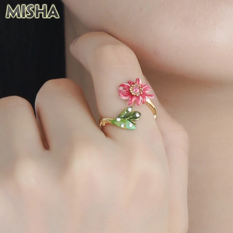 MISHA женские открытые кольца гранат цветок форма эмаль глазурь имитация
