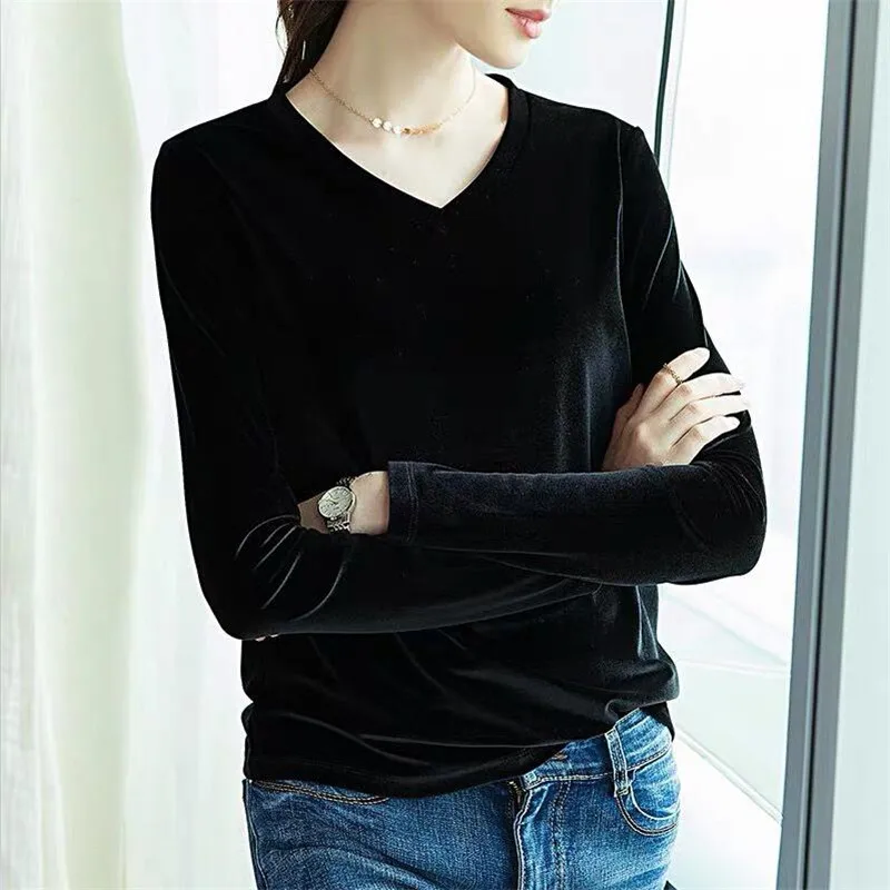 2020 Women New Fashion Solid Color Gold Velvet Tops Vintage Fitted Long Sleeves Ladies Basic Velour Plus Size M-7XL |