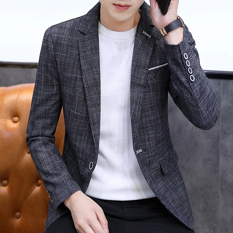 

2021 Men's New Autumn Pinstripe Suit Youth Plaid Casual Slim-Fit Non-Ironing Suit