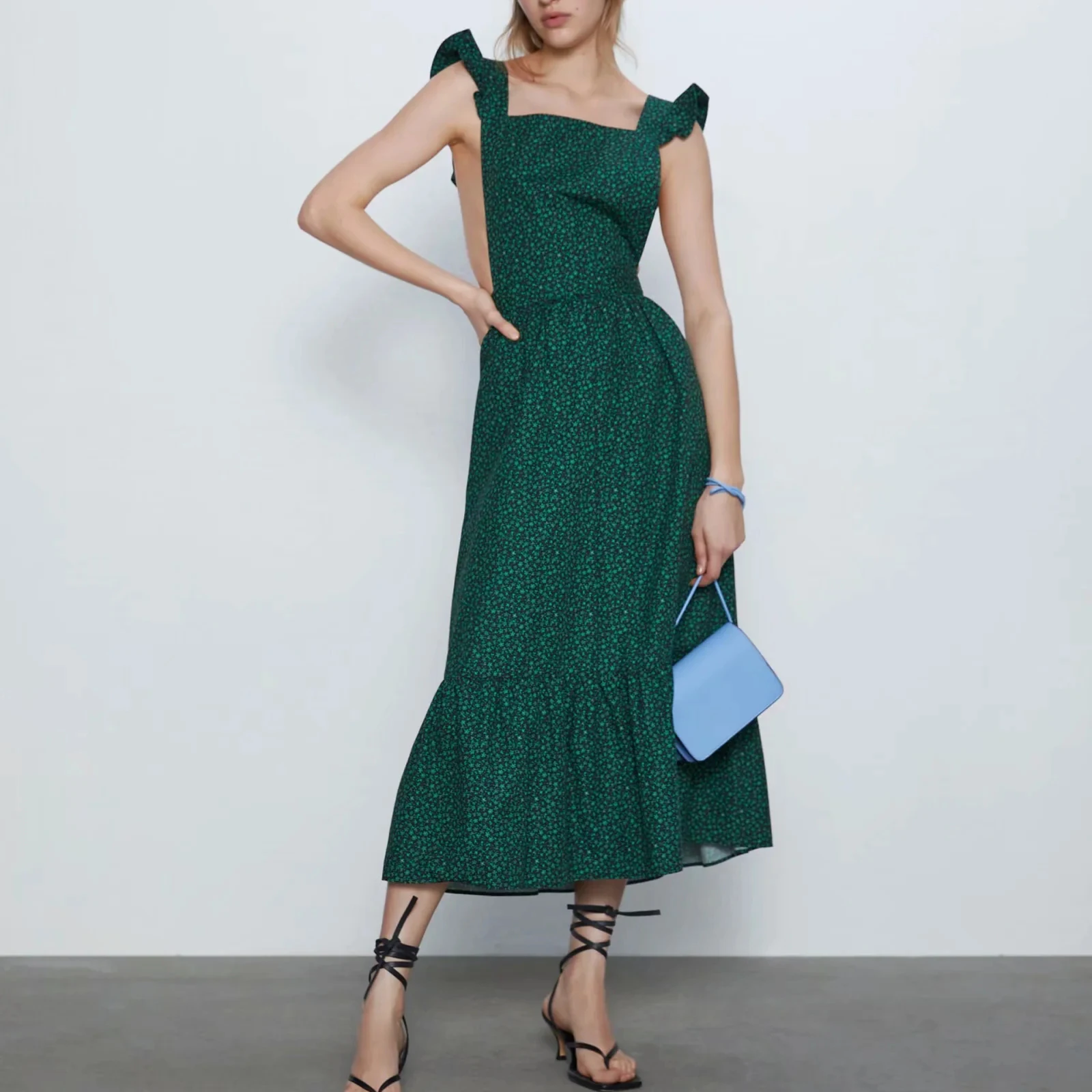 Женское платье с оборками ZA зеленое ажурное жилет цветочным принтом элегантное