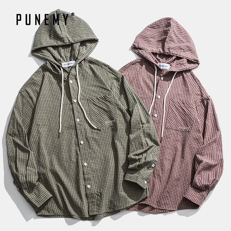 Ретро Харадзюку мужские рубашки с капюшоном в стиле хип-хоп Уличная клетчатая
