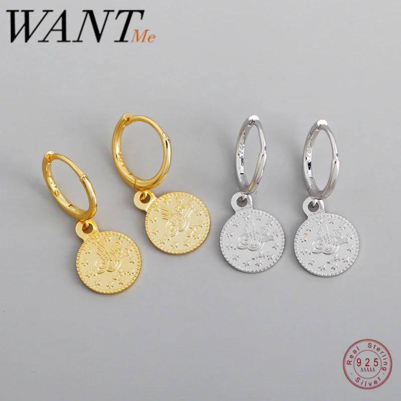 

WANTME новые винтажные Роскошные серьги из настоящего серебра 100% пробы с круглыми монетами Искусственные серьги для женщин ювелирные изделия ...