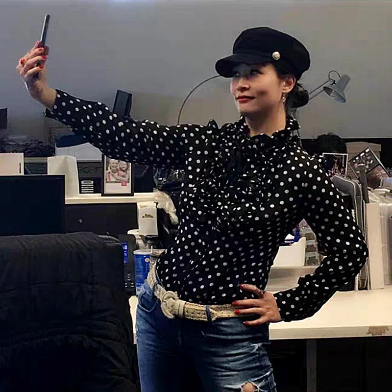 Модный боди в горошек женская черная рубашка с длинным рукавом блузки женские