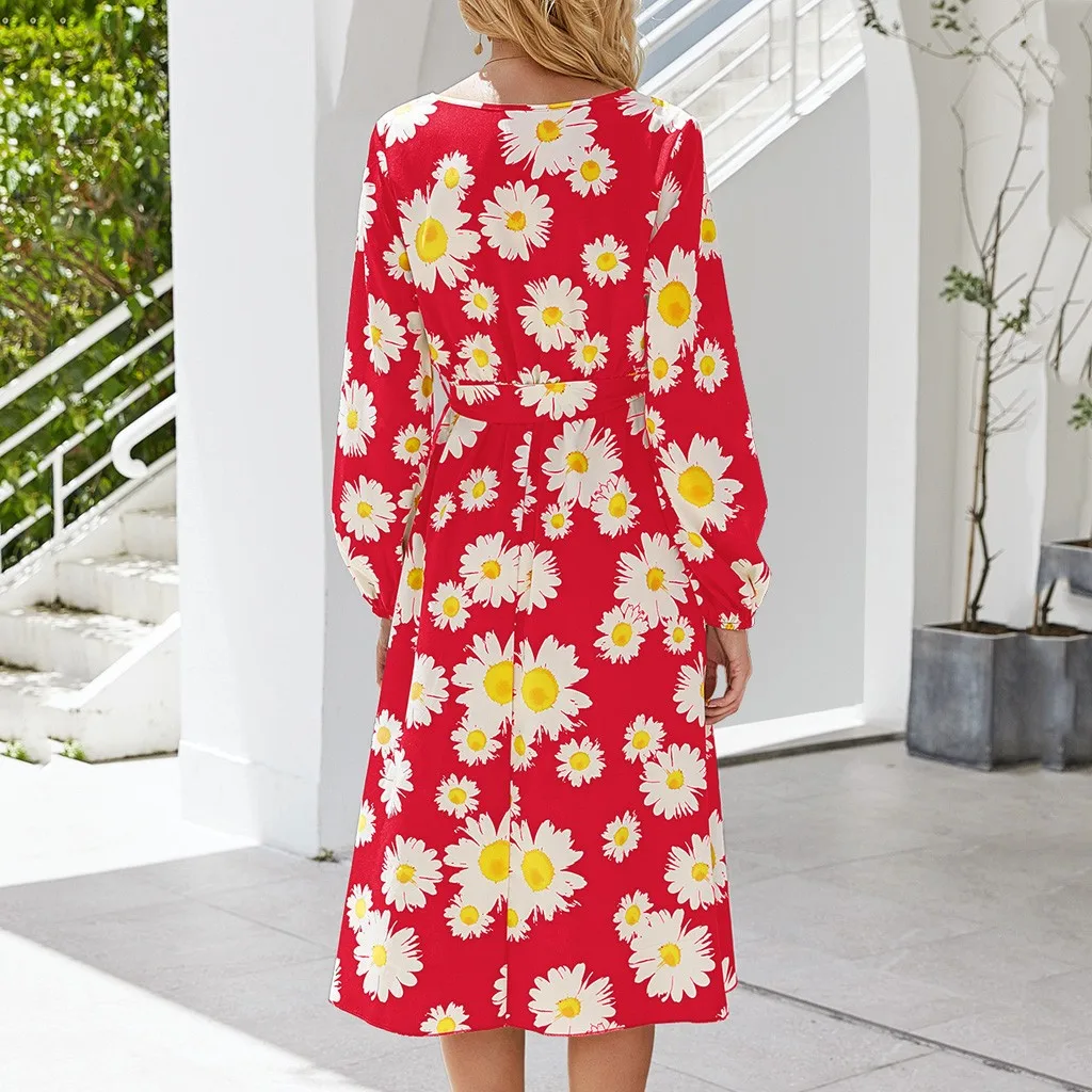 Элегантное женское платье с длинным рукавом и принтом маргаритки модное