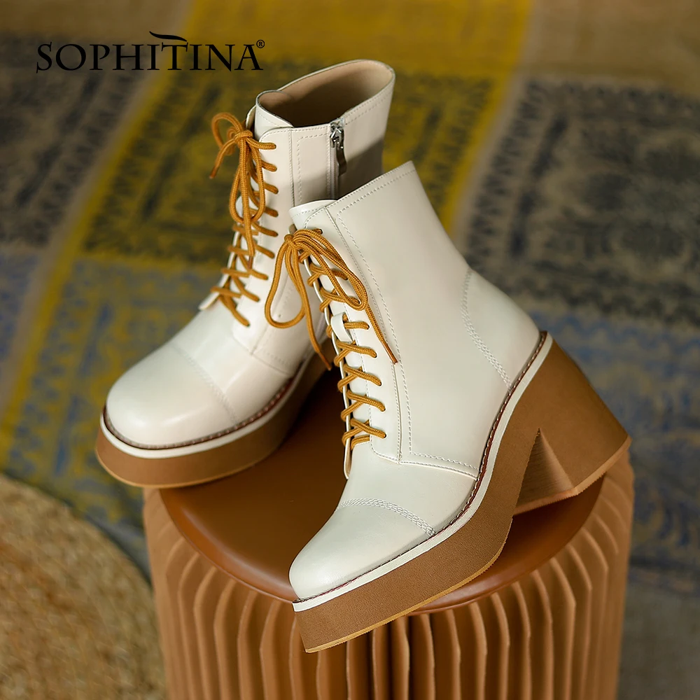 

SOPHITINA Platform Boots For Woman Thick High Heel Leather Waterproof Cross Strap Shoes Zipper Color Matching Ankle Boots HO306