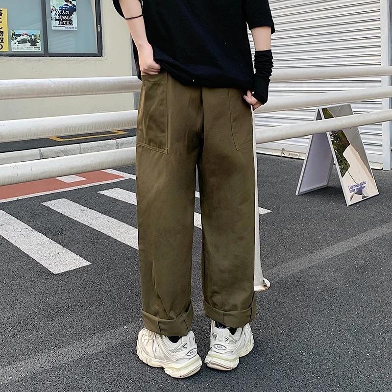 

2021 New Style Female Straight High Waist Relaxed Wide Leg Pants BF Japanese-style Pure Color All-Matching Pocket Workwear