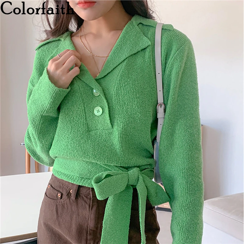 

Colorfaith 2021 New Autunm Winter Women Sweaters Pullovers Vintage Fashionable Cutout Lace Up Elegant Lady Short Tops SW9255