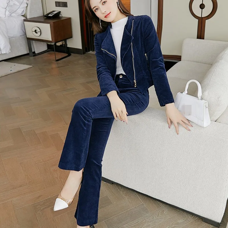 

Casual Business Woman Corduroy High Waist Flared Pants Suits V-Neck Lapel Zipper Autumn Winter Female Fashion Two Piece Sets
