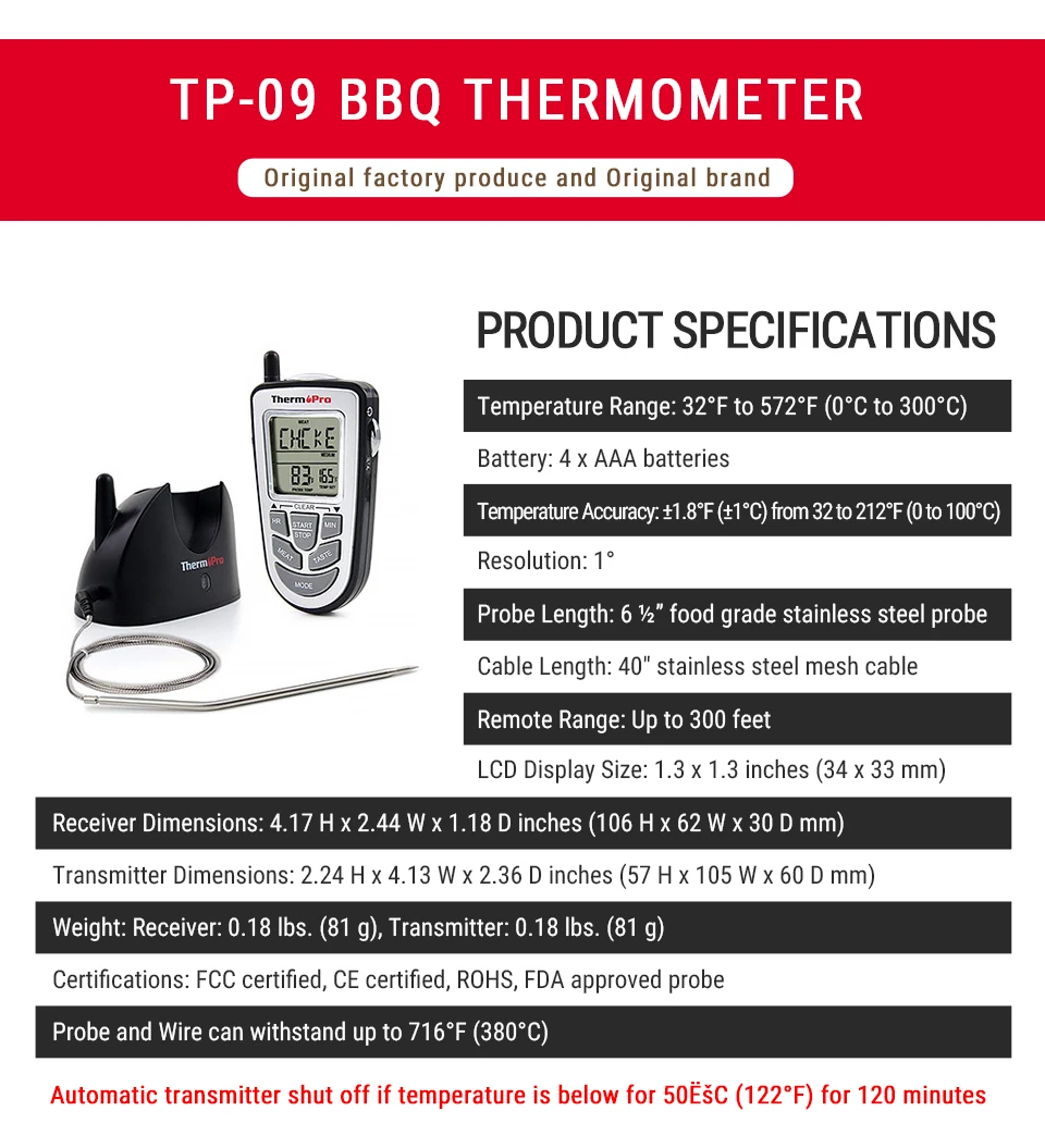 ThermoPro TP09 300ft цифровой беспроводной термометр для приготовления пищи Термометр для барбекю Мяса Термометр для духовки с зондом из нержавеющей стали